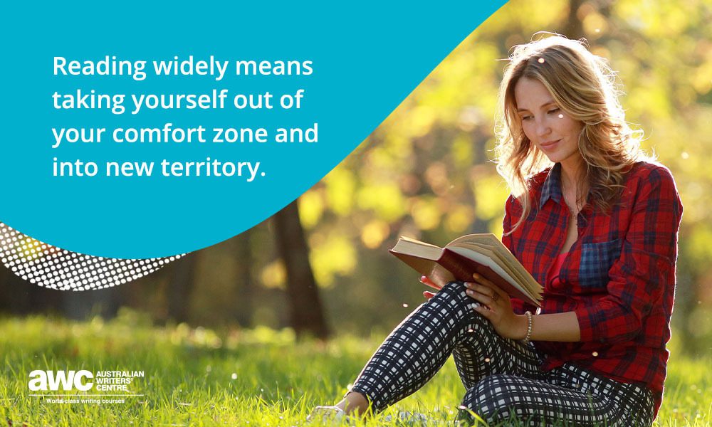 Woman reading a book on the grass in a park, with a quote about reading widely and getting out of your comfort zone.